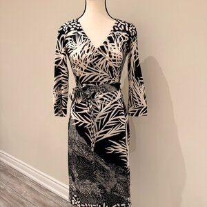 Diane Von Furstenberg DVF Wrap Dress Size 0 Black Cream Botanical Print